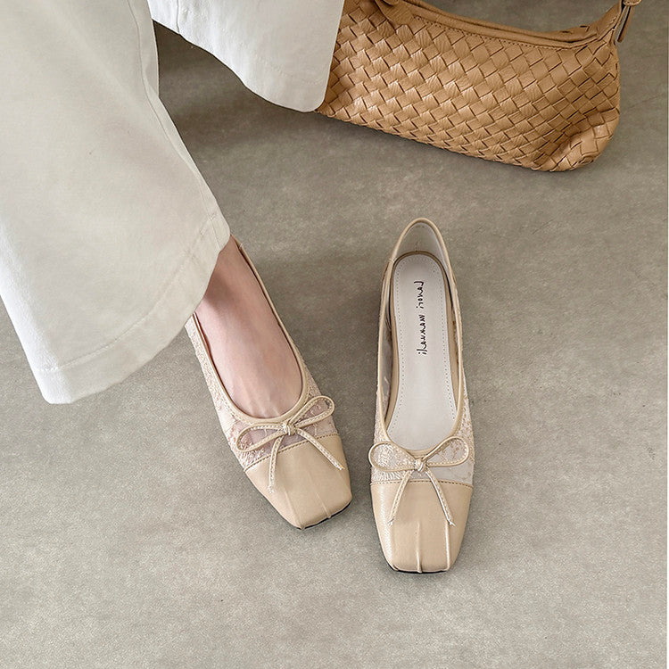 Karin Luna In Stock In Stock  Wrinkled Square Toe Patchwork Breathable Mesh Bow Granny Shoes