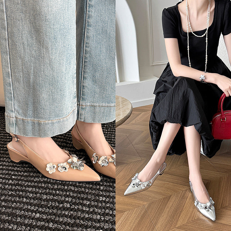 Karin Luna In Stock In Stock  Sequin Floral Pointed Toe Chunky Heel Closed-Toe Sandals