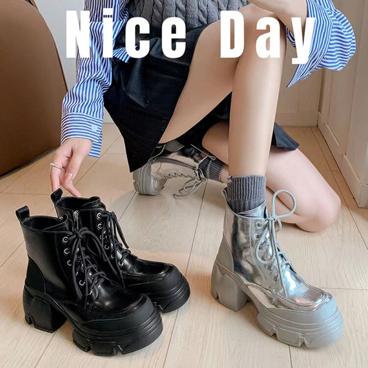 Karin Luna Casual Thick Sole Full Cowhide Lace-up Thick-soled Short Boots   Classic All-Matching
