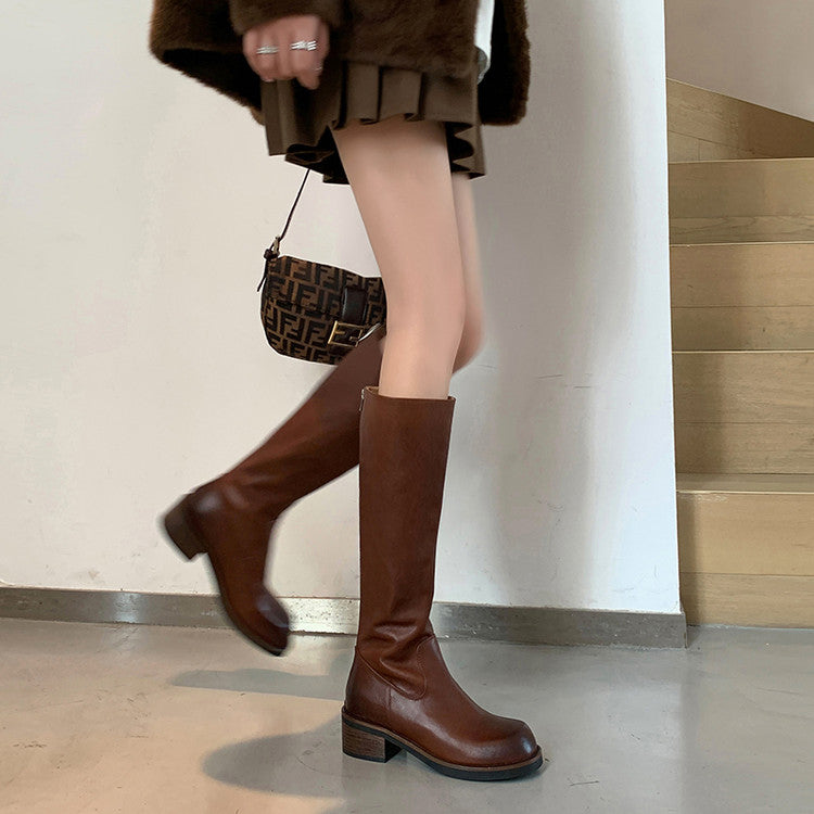 Karin Luna Basic Versatile Style Round Toe Chunky Heel Long Boots