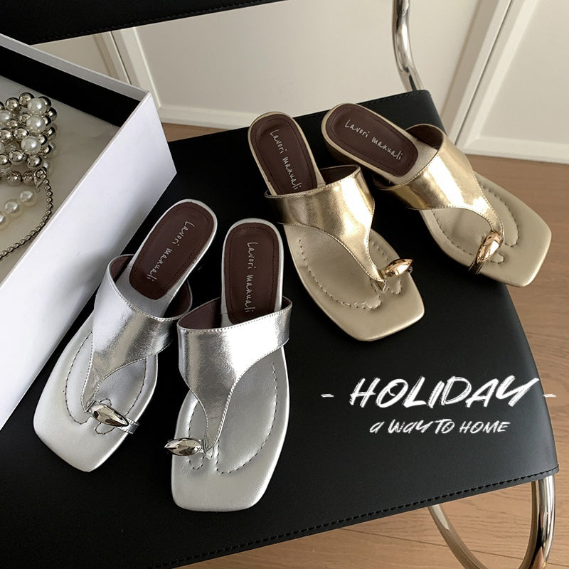 Karin Luna In Stock Spot Goods Clip-toe Square Toe Metal Buckle Minimalist Slippers