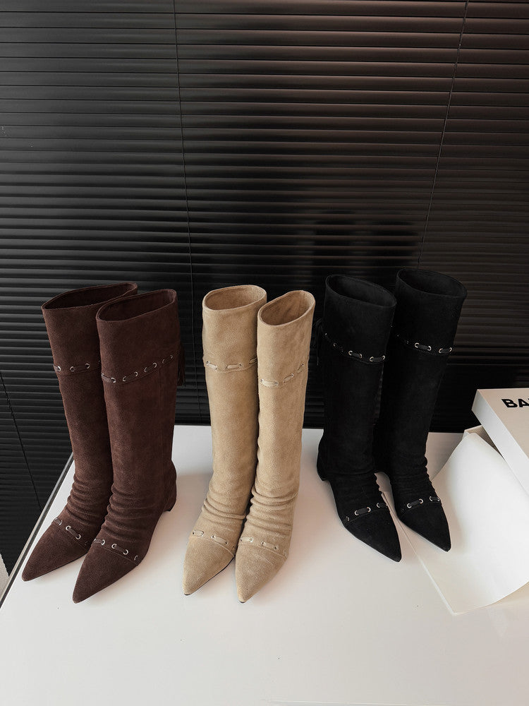 Karin Luna Elegant Style  Pointed Toe Pleated Hidden Wedge Western Boots