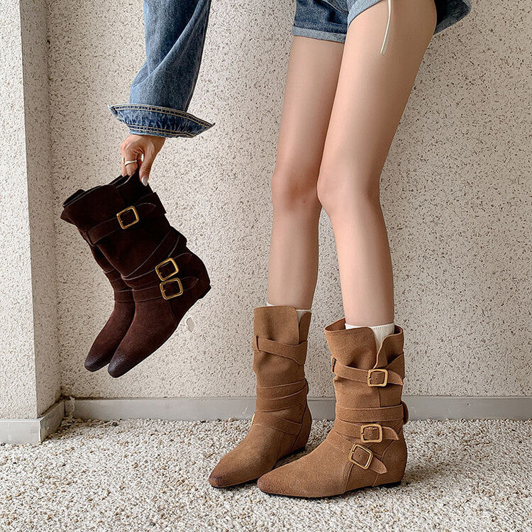 Karin Luna Cow Leather Small Square Toe Belt Buckle Fashion Boots