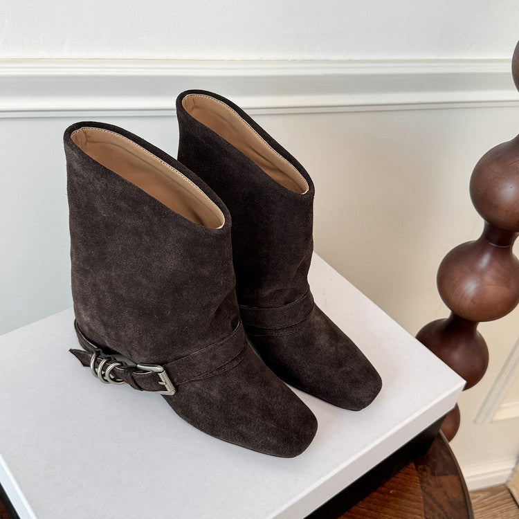 Karin Luna Data Hot Item Square Toe Hidden Wedge Belt Buckle Suede Ankle Boots