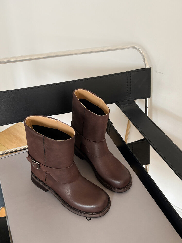 Karin Luna Belt Buckle Chunky Heel Fashion Short Boots