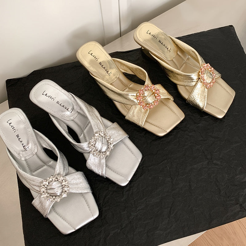 Karin Luna In Stock In Stock Elegant Square-Toe Cross-Strap Rhinestone Square-Toe Slippers