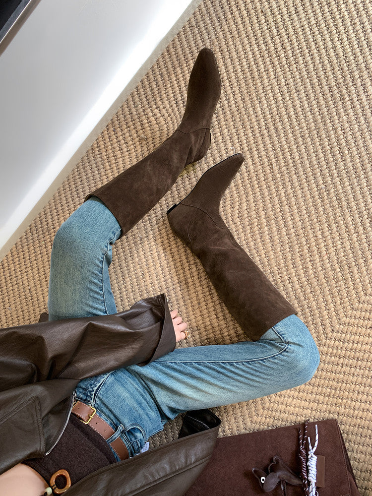 Karin Luna In Stock Spot Goods Vintage Cowhide Leather Chunky Heel Height Increasing Long Boots