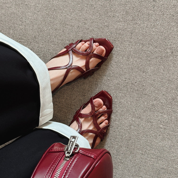 Karin Luna French Hollow Style Small Square Toe Chunky Heel Sandals