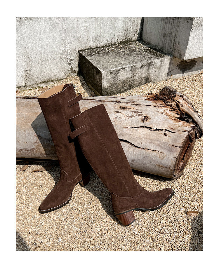 Karin Luna In Stock Spot Goods Retro Cowhide Leather Chunky Heel Suede Long Boots