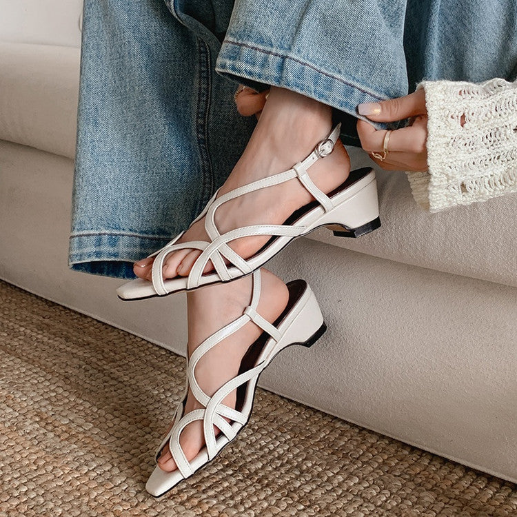 Karin Luna French Hollow Style Small Square Toe Chunky Heel Sandals
