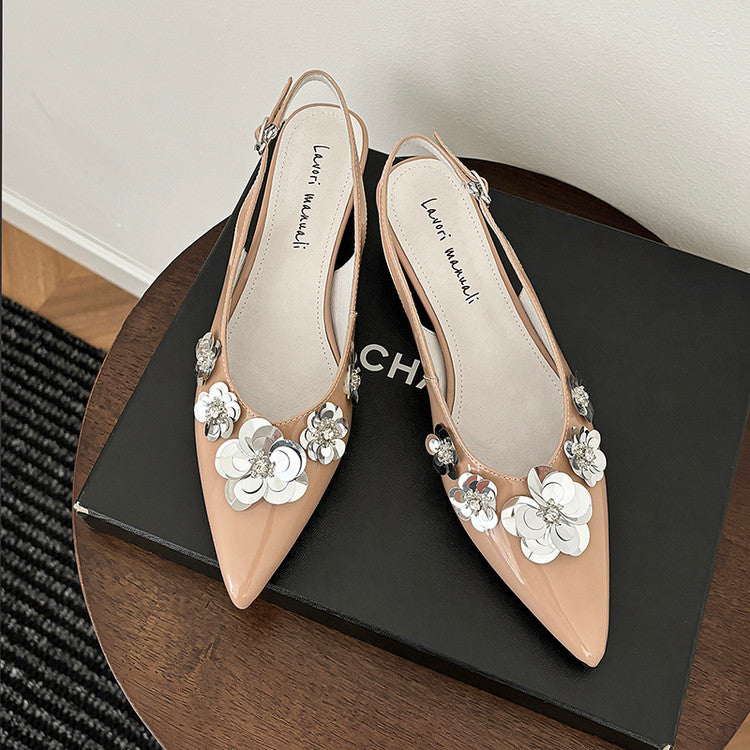 Karin Luna In Stock In Stock  Sequin Floral Pointed Toe Chunky Heel Closed-Toe Sandals